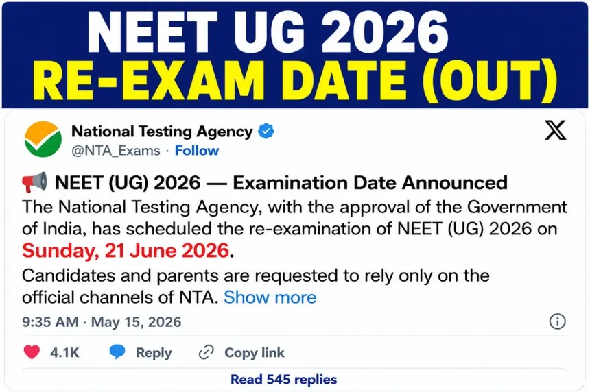 NTA verified X-post — NEET UG 2026 re-examination scheduled for Sunday, 21 June 2026